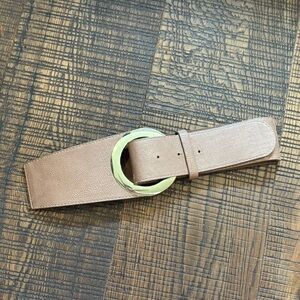 Taupe Wide Waist Vegan Belt With Demi Lune Gold Buckle